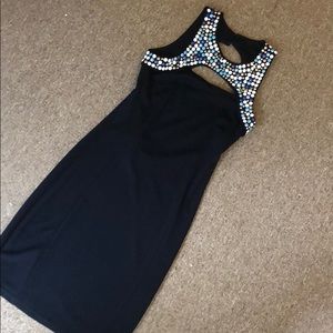Navy body con dress with beads and low back